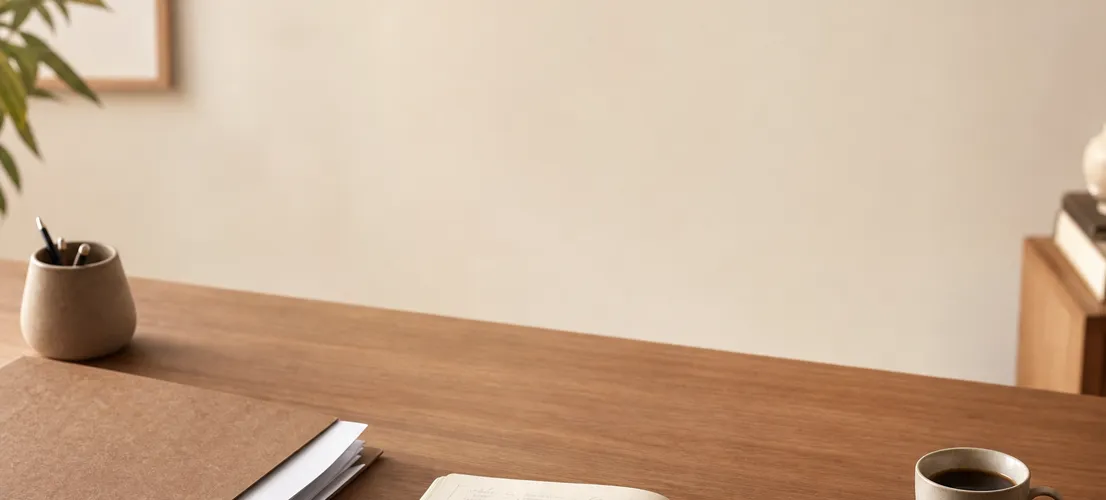 Escritorio de despacho profesional con notas manuscritas, símbolo del criterio detrás del contenido en redes