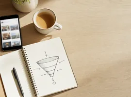 Escritorio con móvil y cuaderno representando actividad en redes sin resultados de negocio