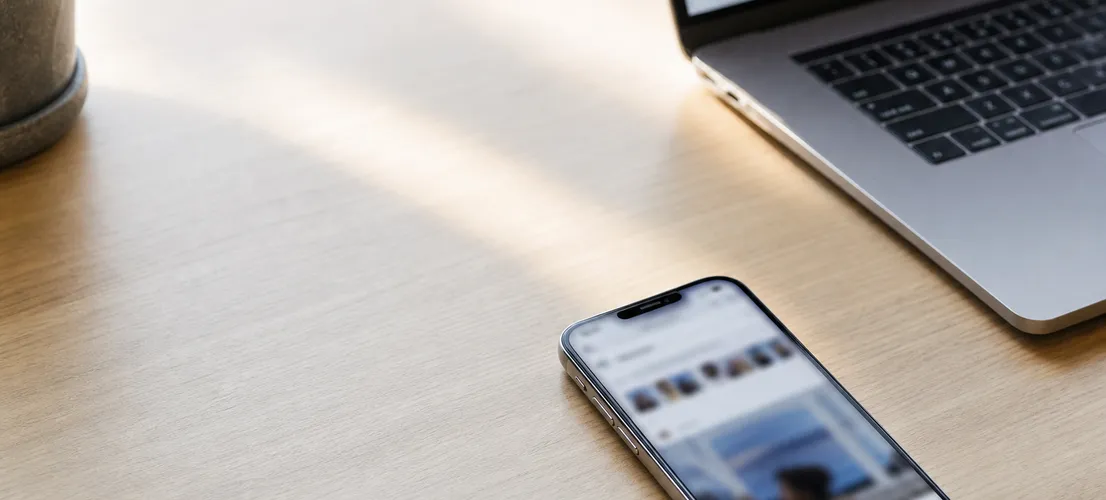 Escritorio con smartphone y laptop representando el flujo de redes sociales hacia el tráfico web