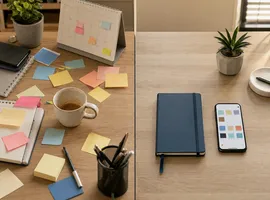 Comparación visual entre gestión manual dispersa y un sistema ordenado de contenido para redes sociales