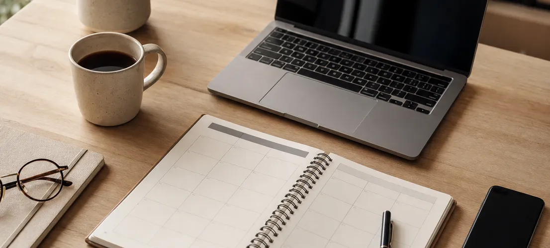 Escritorio organizado con planificador de contenido, símbolo de gestión de redes sociales sin trabajo manual constante