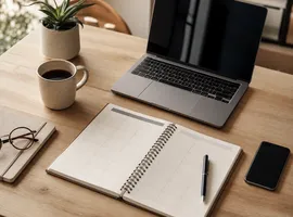 Escritorio organizado con planificador de contenido, símbolo de gestión de redes sociales sin trabajo manual constante