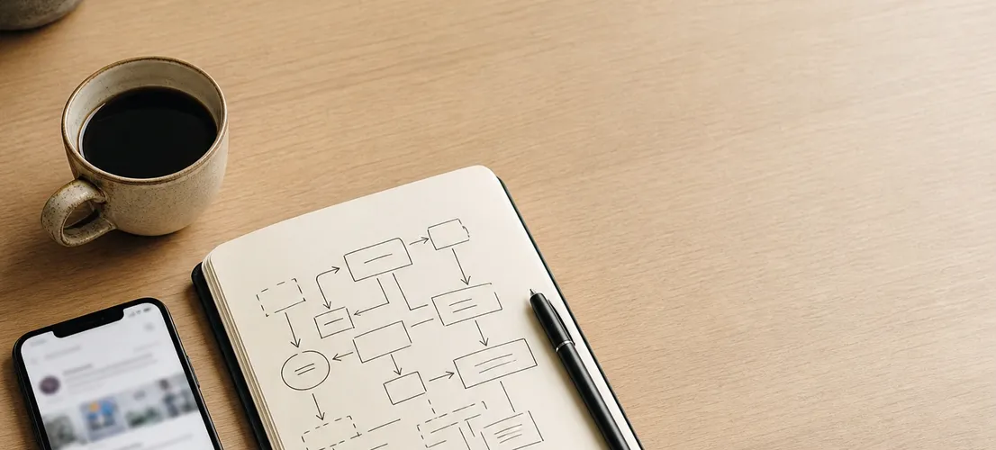 Escritorio con móvil y libreta mostrando el contraste entre publicar en redes y tener un sistema de contenido