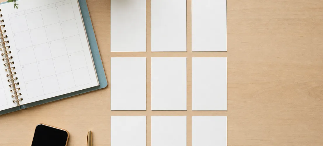 Mesa de trabajo organizada con calendario y tarjetas de contenido, símbolo de un sistema de redes sociales