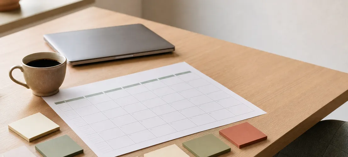 Calendario de contenido organizado sobre un escritorio para publicar en redes sin community manager