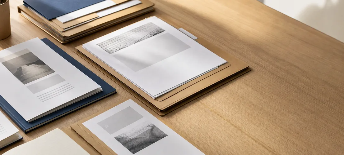 Documentos organizados sobre una mesa como metáfora de contenido para el equipo comercial
