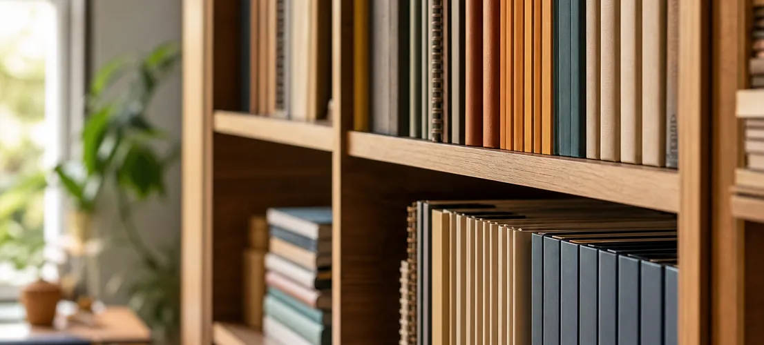 Estantería ordenada de libros y carpetas como metáfora de una biblioteca de contenido que genera confianza