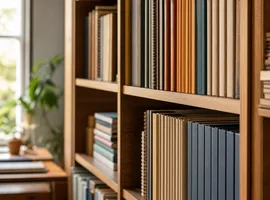 Estantería ordenada de libros y carpetas como metáfora de una biblioteca de contenido que genera confianza
