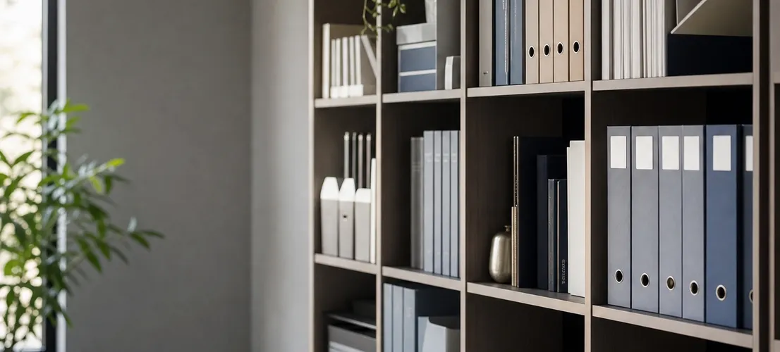 Estantería de oficina organizada que representa una biblioteca de contenido B2B bien estructurada