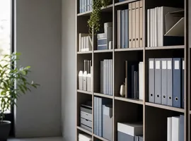Estantería de oficina organizada que representa una biblioteca de contenido B2B bien estructurada