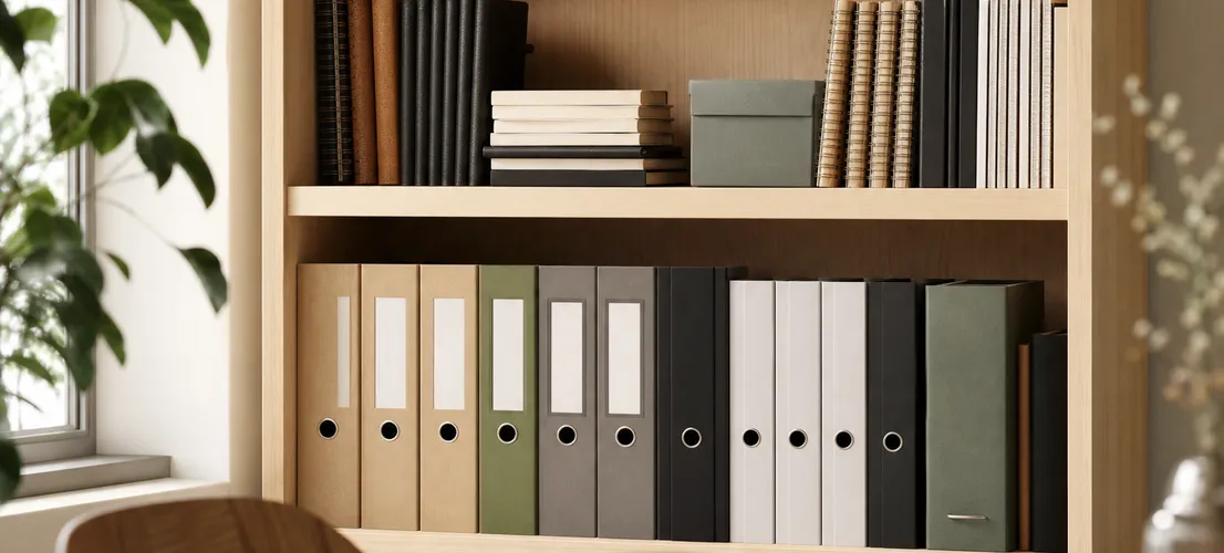 Estantería ordenada de carpetas y cuadernos como metáfora de una biblioteca de contenido empresarial
