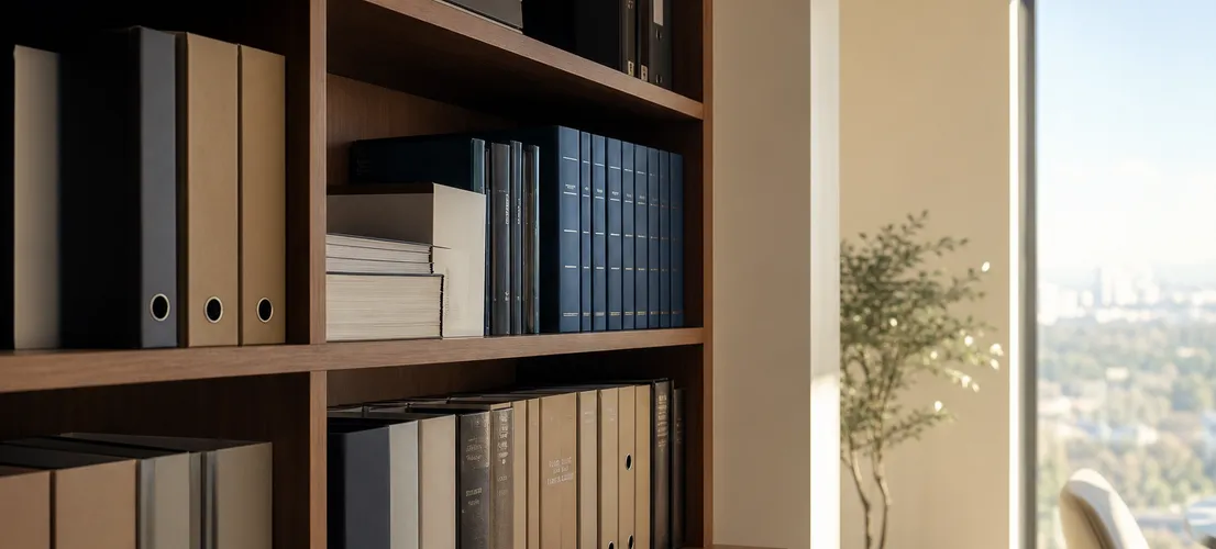 Estantería de documentos organizados que representa una biblioteca de contenido para servicios profesionales