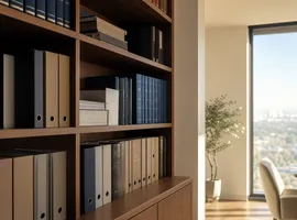 Estantería de documentos organizados que representa una biblioteca de contenido para servicios profesionales