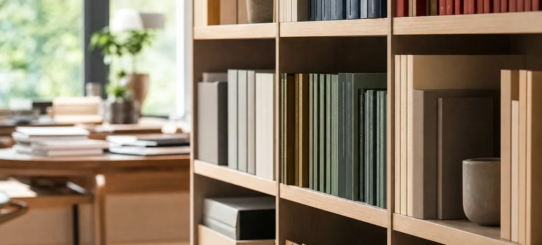Estantería de oficina organizada por categorías, símbolo de una biblioteca de contenido frente a un blog disperso