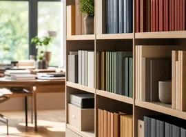 Estantería de oficina organizada por categorías, símbolo de una biblioteca de contenido frente a un blog disperso