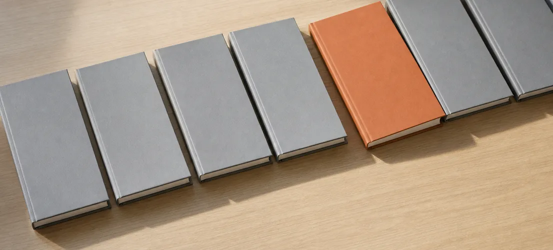Fila de cuadernos idénticos con uno distinto, representando la diferencia entre contenido genérico y contenido especializado