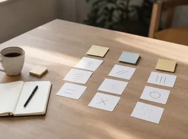 Notas organizadas en grupos sobre una mesa, representando cómo priorizar temas al empezar una biblioteca de contenido