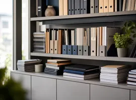 Estantería de documentos organizados representando una biblioteca de contenido evaluada por su valor