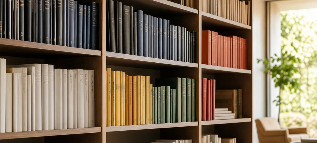 Estantería de biblioteca organizada por bloques temáticos, símbolo de una biblioteca de contenido bien estructurada