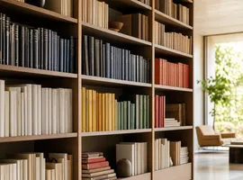 Estantería de biblioteca organizada por bloques temáticos, símbolo de una biblioteca de contenido bien estructurada