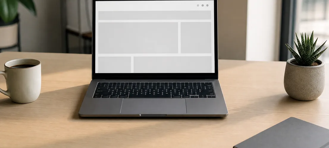 Escritorio minimalista con portátil mostrando una web corporativa con muy poco contenido
