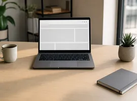 Escritorio minimalista con portátil mostrando una web corporativa con muy poco contenido