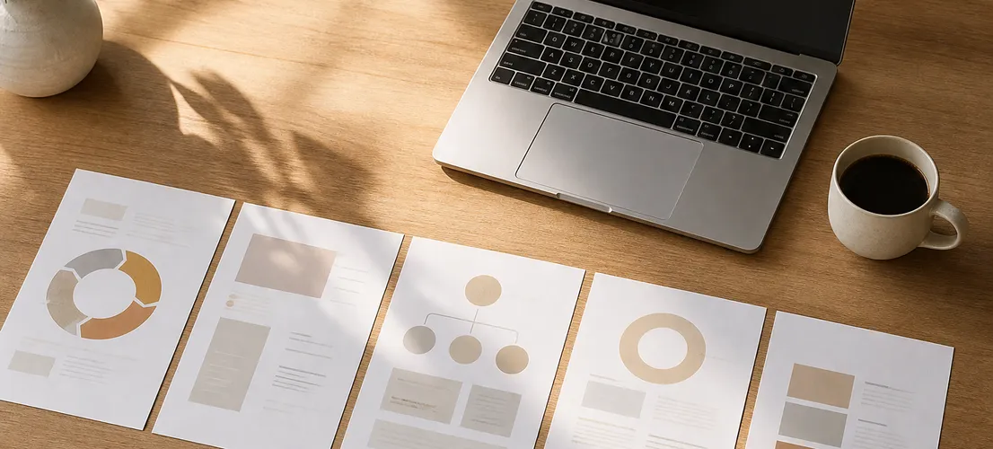 Escritorio con hojas de un artículo organizadas en flujo, representando contenido diseñado para generar contacto comercial