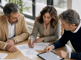 Equipo evaluando una propuesta B2B compleja durante una reunión de decisión de compra