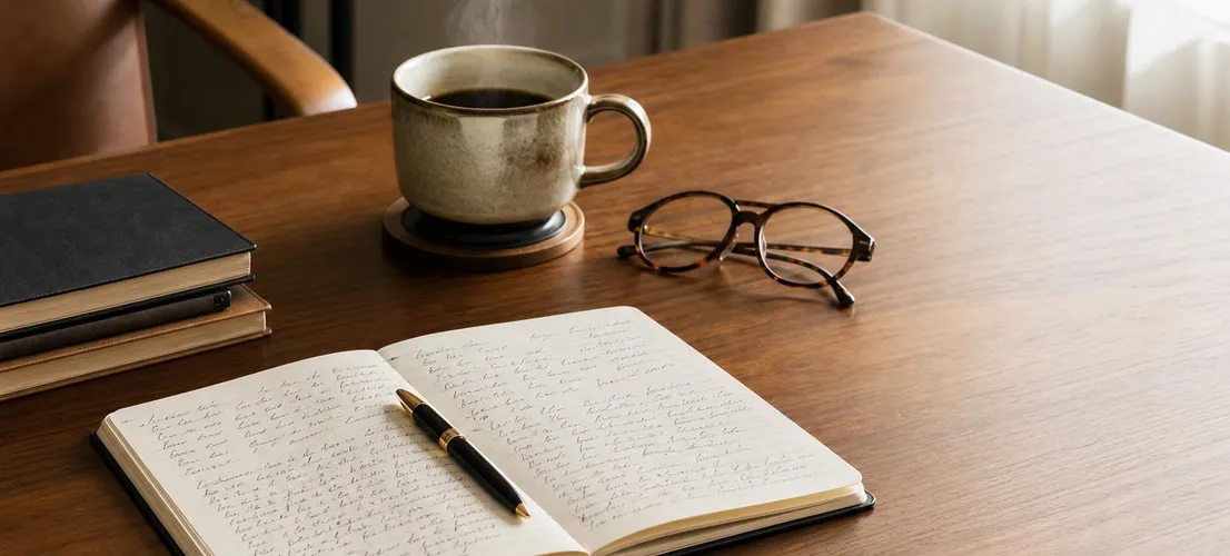 Escritorio de un profesional con notas manuscritas, símbolo de reflexión antes de escribir contenido de confianza