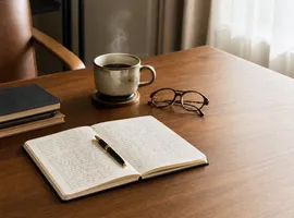 Escritorio de un profesional con notas manuscritas, símbolo de reflexión antes de escribir contenido de confianza