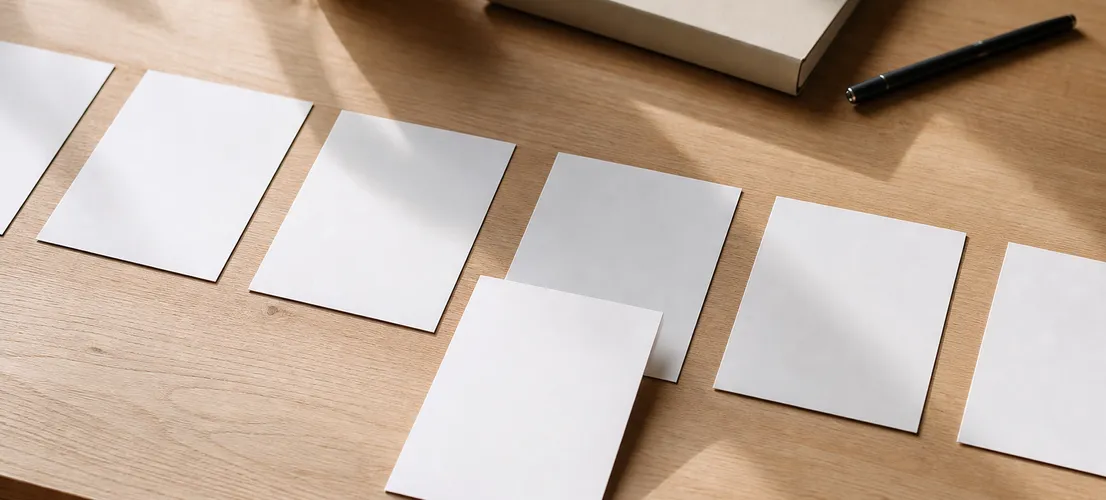 Tarjetas comparativas sobre un escritorio representando la fase de decisión en un blog para leads calientes