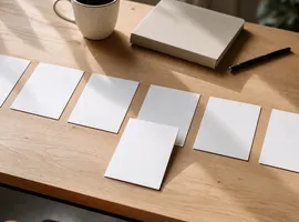 Tarjetas comparativas sobre un escritorio representando la fase de decisión en un blog para leads calientes