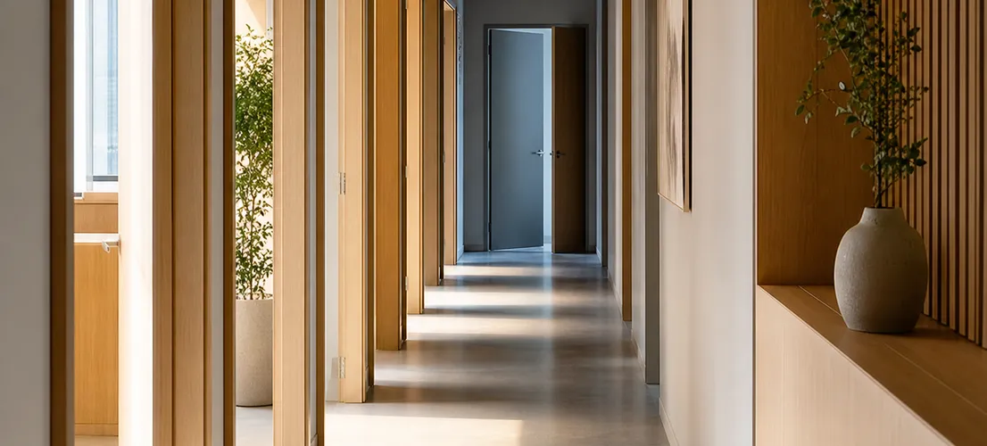 Pasillo con puertas abiertas y una puerta al fondo, metáfora de un blog que atrae visitas pero no convierte