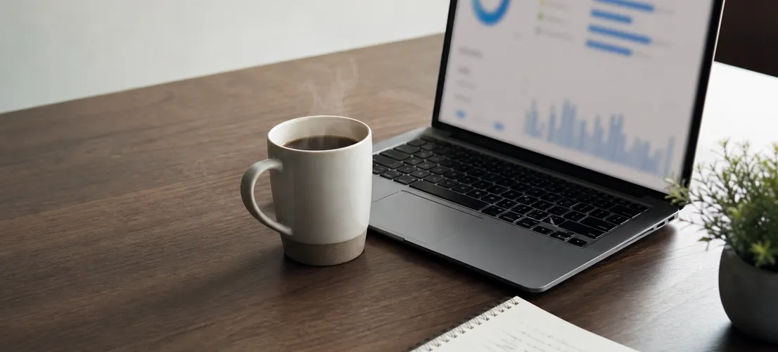 Escritorio con portátil y cuaderno usados para analizar métricas y leads de un blog empresarial
