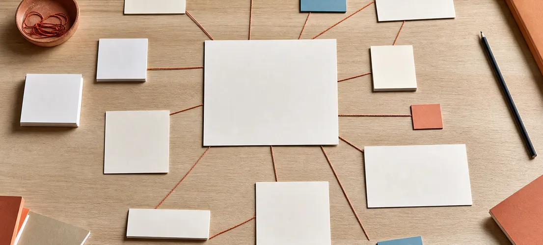Mesa con tarjetas conectadas representando la cobertura temática SEO como red de contenido