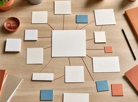 Mesa con tarjetas conectadas representando la cobertura temática SEO como red de contenido