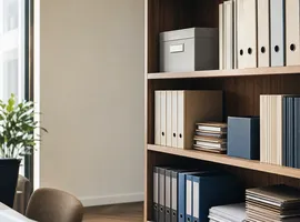 Estantería organizada de un despacho profesional que representa la cobertura temática de contenido