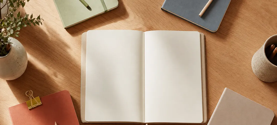 Cuadernos organizados por color representando contenido segmentado por tipo de cliente