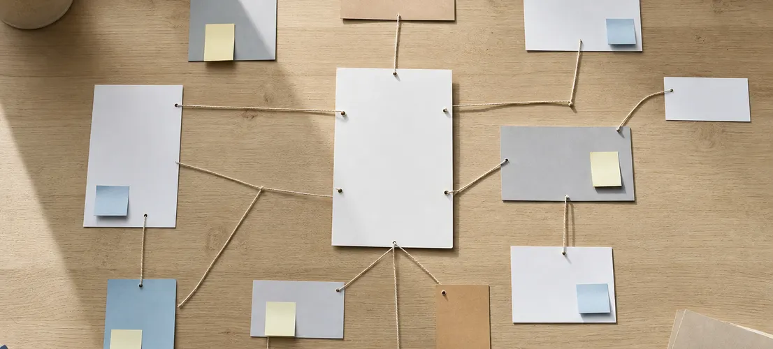 Tarjetas organizadas en grupos conectados representando un mapa temático de contenidos para empresa