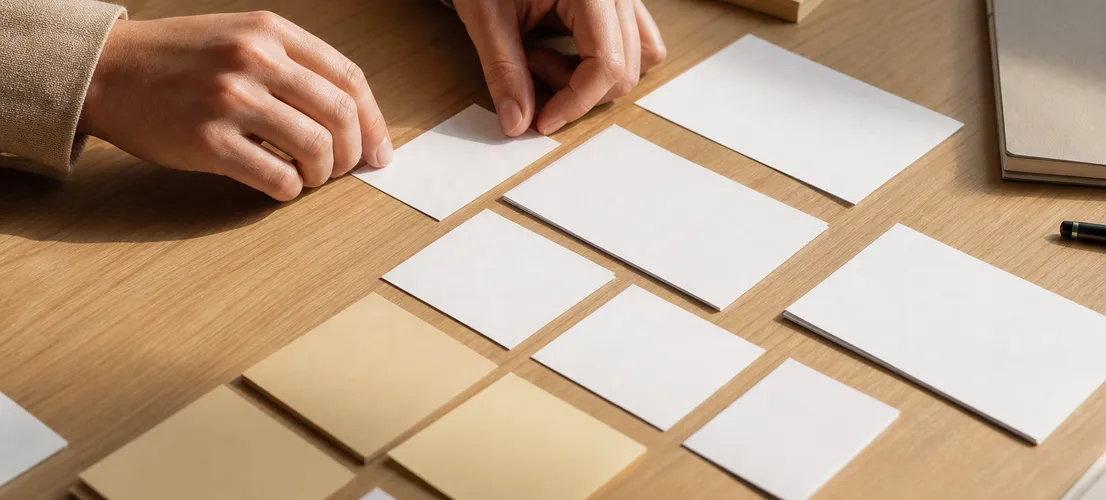 Manos organizando tarjetas de ideas de contenido agrupadas por criterios de autoridad comercial