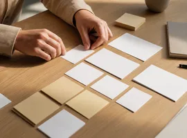 Manos organizando tarjetas de ideas de contenido agrupadas por criterios de autoridad comercial