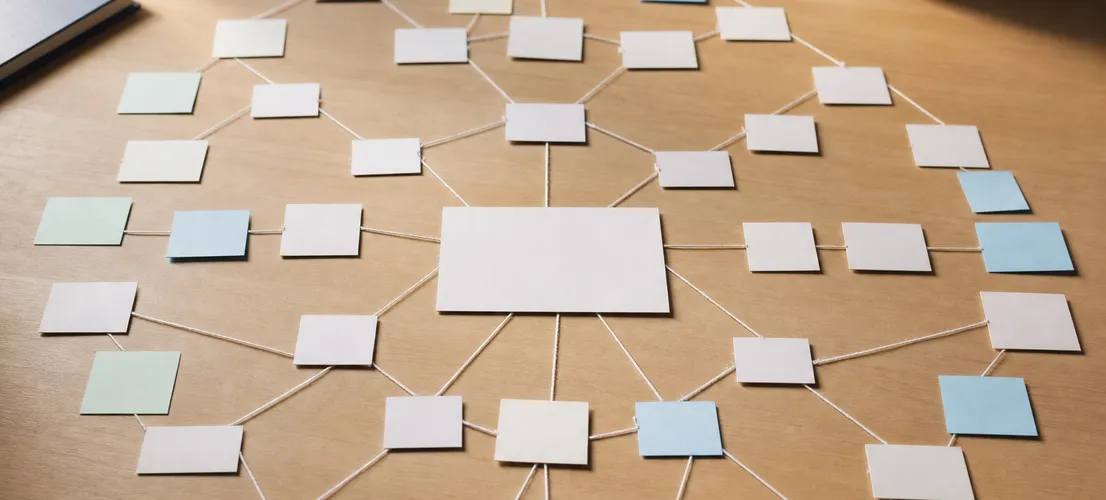 Mapa de tarjetas conectadas representando una cobertura temática bien estructurada