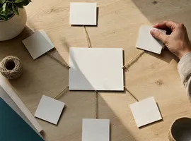 Mesa con tarjetas conectadas representando un cluster de contenido para medir cobertura temática