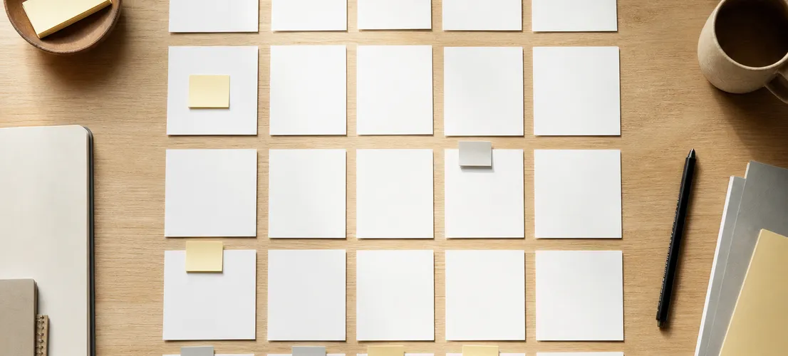 Tarjetas organizadas sobre una mesa representando un plan por fases para crear cobertura temática