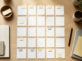Tarjetas organizadas sobre una mesa representando un plan por fases para crear cobertura temática