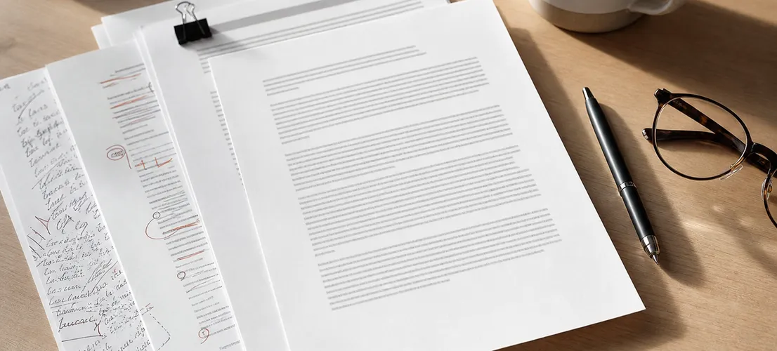 Proceso de revisión editorial de contenido B2B con borradores organizados sobre un escritorio