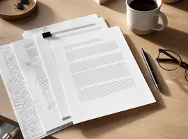 Proceso de revisión editorial de contenido B2B con borradores organizados sobre un escritorio