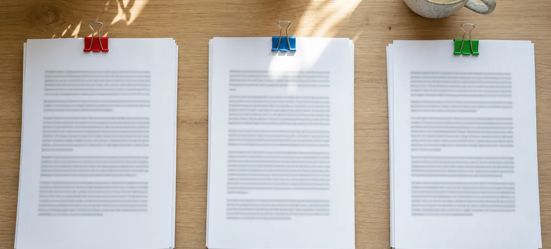 Escritorio editorial con documentos organizados por etapas de revisión de contenido con IA