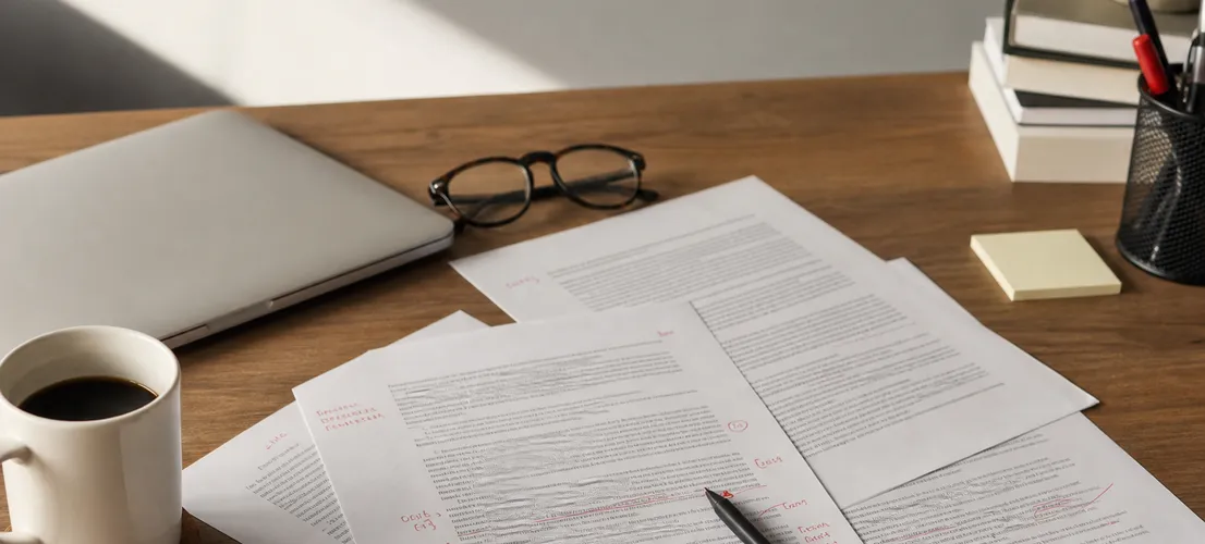 Hojas de borrador revisadas a mano sobre un escritorio, representando el control humano del contenido con IA