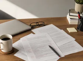 Hojas de borrador revisadas a mano sobre un escritorio, representando el control humano del contenido con IA